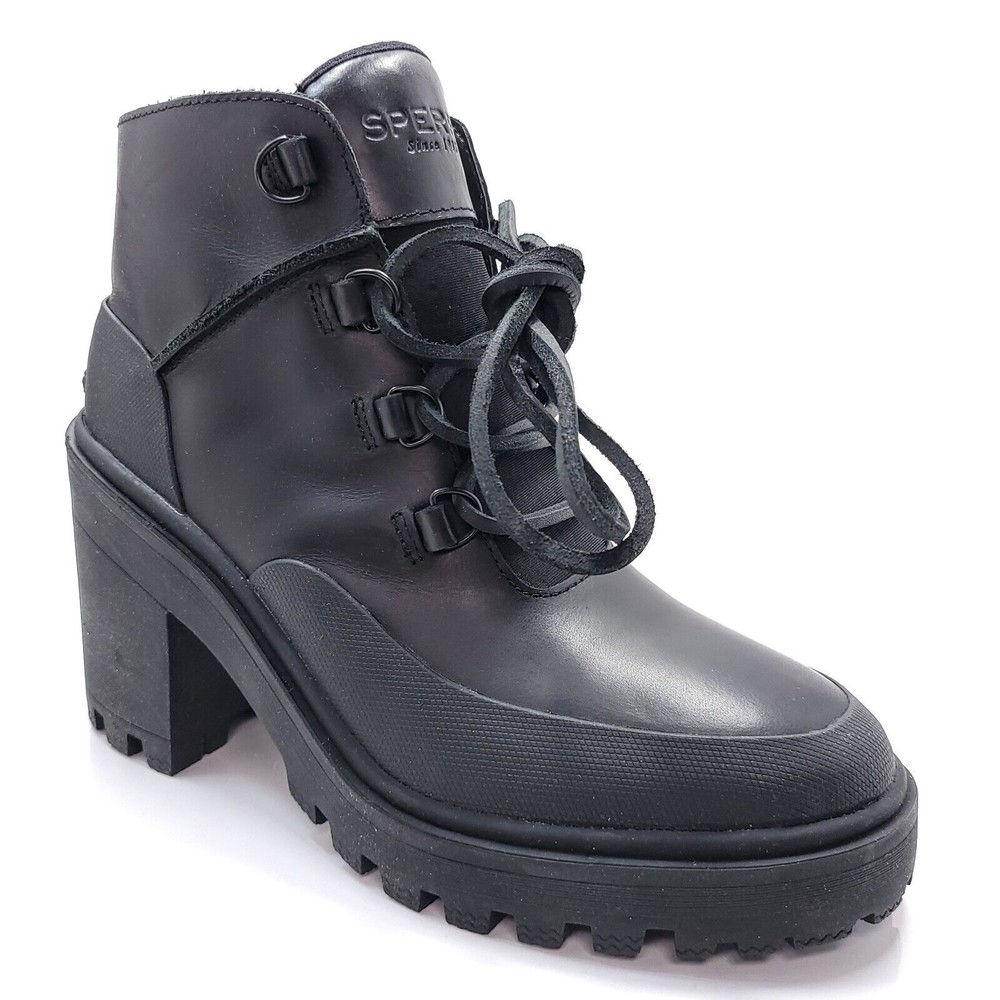 Sperry Womens Pretty Tough Black Ankle Boots Chunky Heel Waterproof Size 6.5